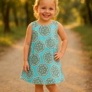 Just Ducky‎ Girls Dress Size 6X Turquoise Tan White Velour Jumper Spring Colors